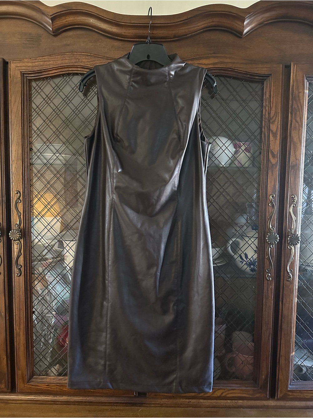 Joseph Ribkoff Sleeveless Faux Leather Dress in Dark Brown